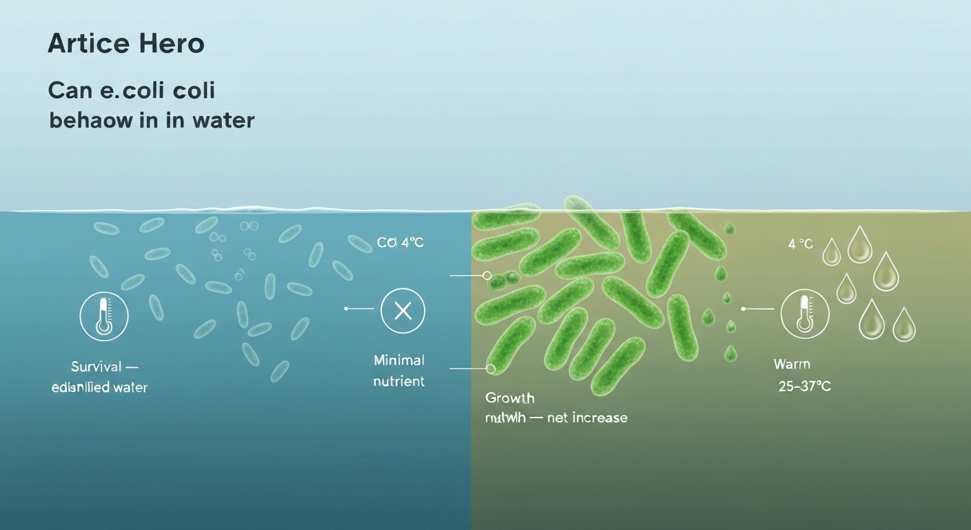 Illustration contrasting dormant E. coli in cold sterile water ('Survival') with actively dividing E. coli in warm nutrient-rich water ('Growth'), with temperature and nutrient icons.