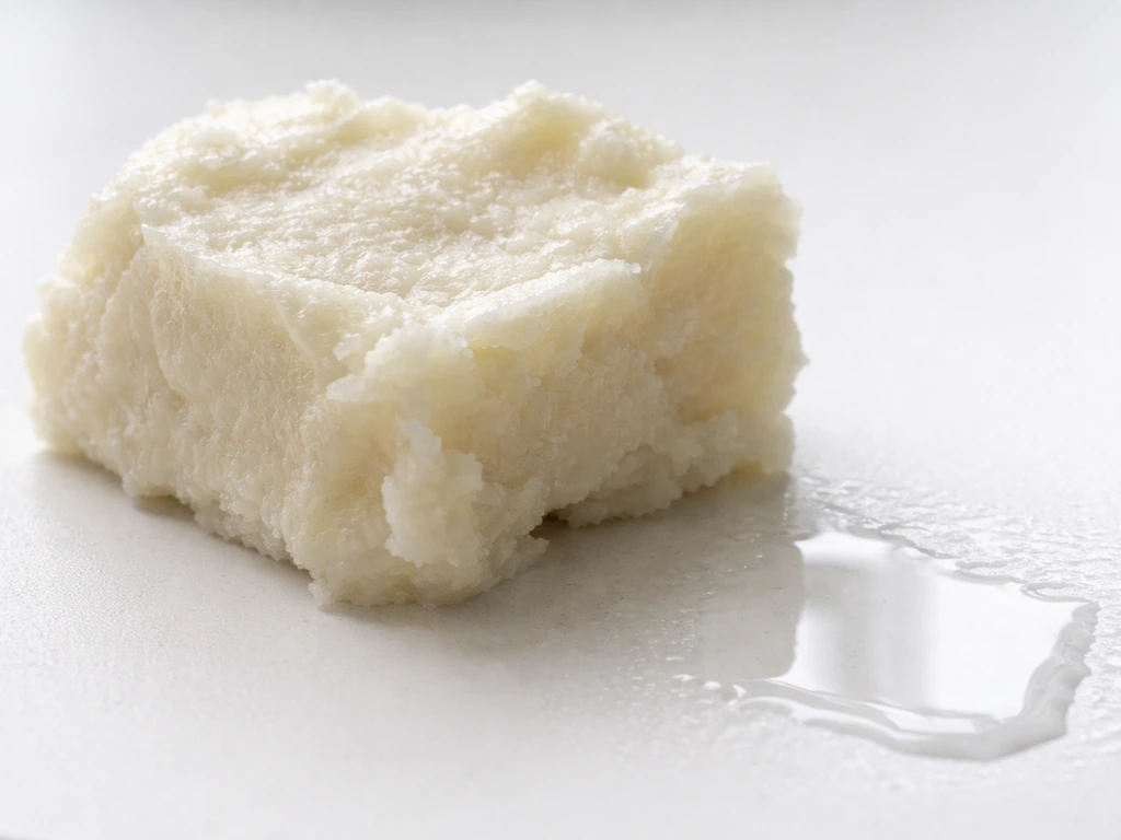 Closeup of dry solid shea butter with glistening ridges, showing a clear boundary from a moist area