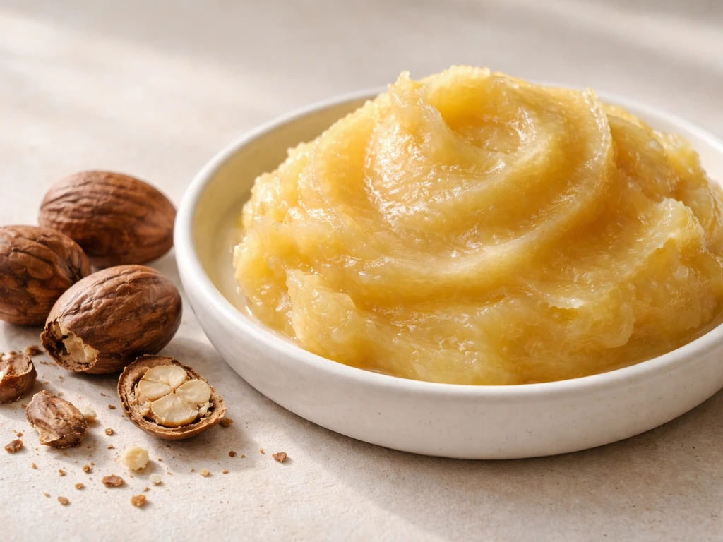 Warm macro view of golden shea butter texture beside crushed shea nuts, emphasizing fat-rich composition