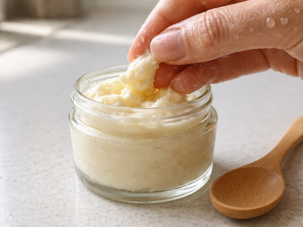 Wet fingers touch a jar of shea butter, with visible water droplets on the surface, dry handling nearby