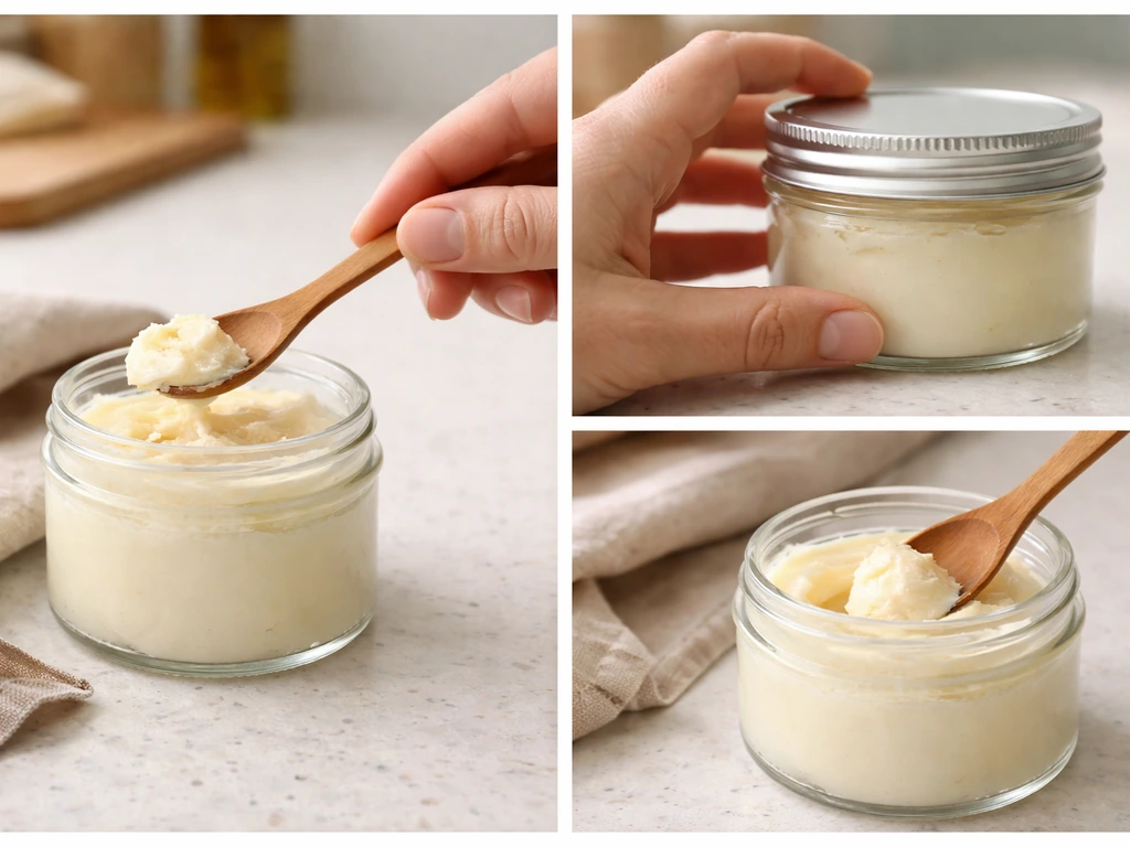Three safe shea-butter handling vignettes: dry spoon scooping, sealing the jar, avoiding any water contact.