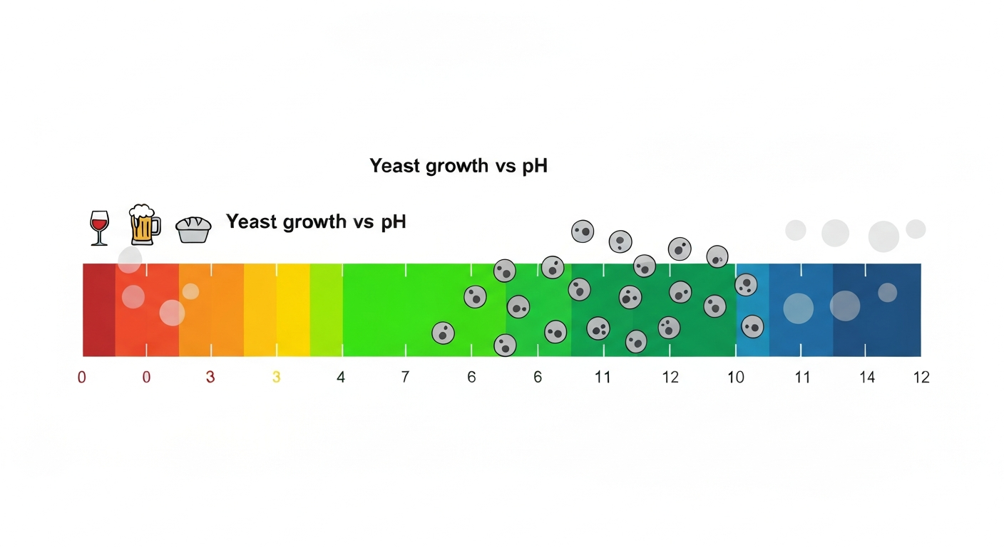 Infographic pH scale showing yeast growth concentrated around pH 4–6 with small icons for wine, beer, bread, and yogurt.