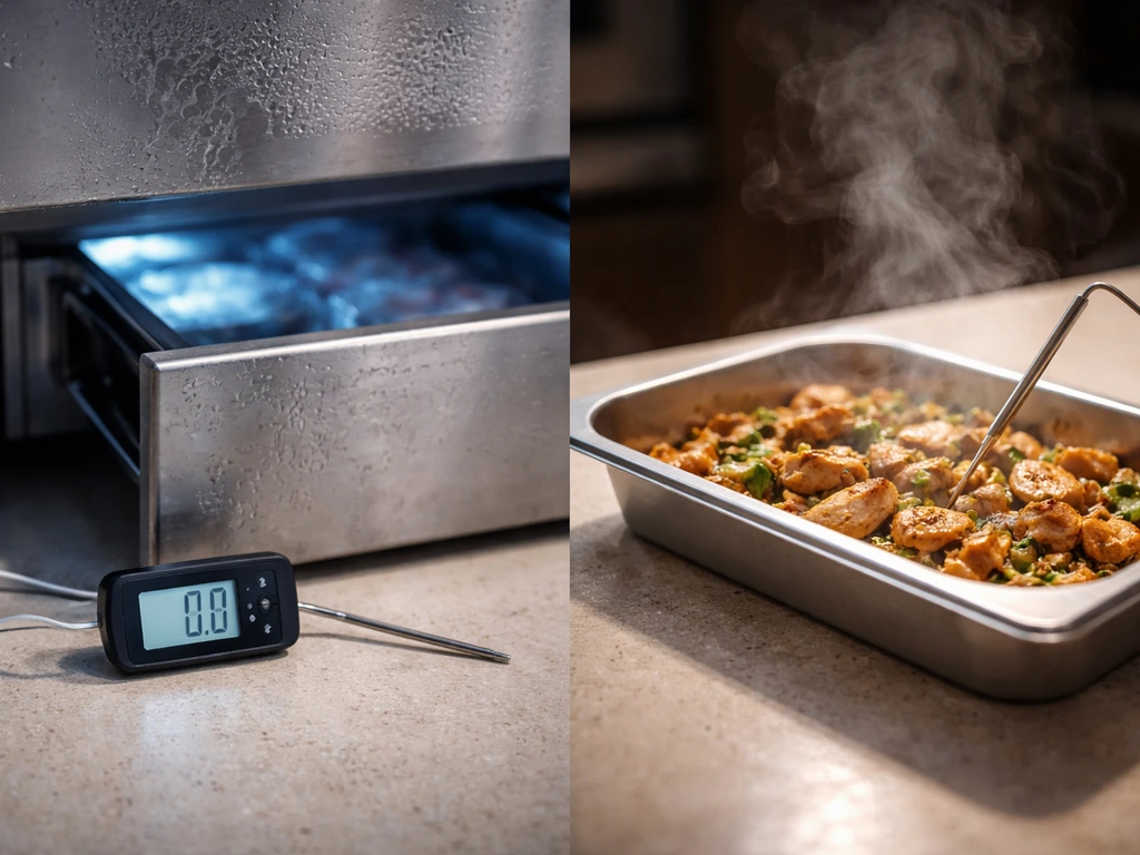 Cold storage fridge thermometer beside a heat-treated food tray to show cold slowing and heat killing microbes.