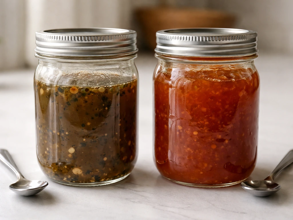 Two side-by-side jars: cloudy salt brine on the left and thick amber jam on the right.