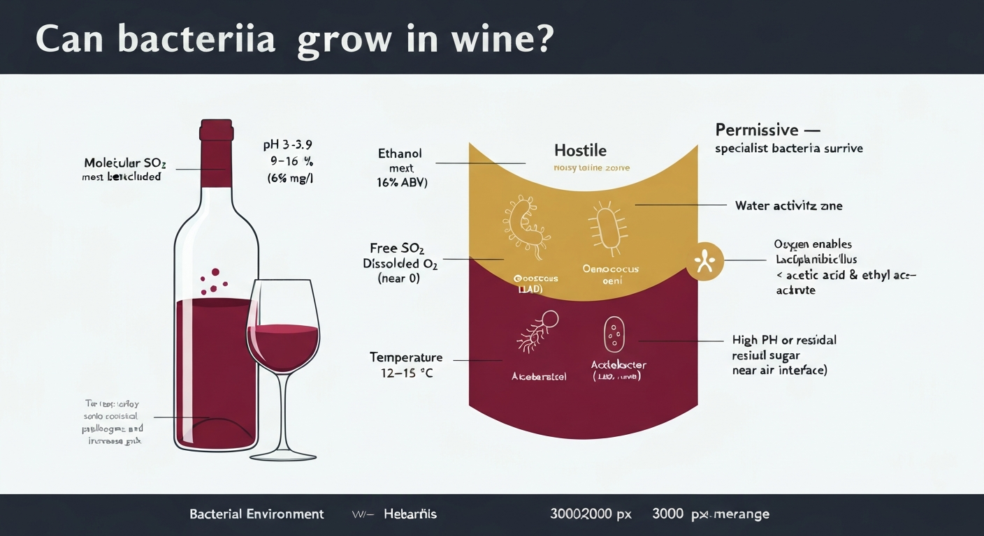 Infographic showing a wine bottle and glass with labeled stress factors (pH, ethanol, SO2, oxygen, temperature, water activity) and a wine cross-section indicating hostile vs permissive zones for bacteria; labeled icons for Oenococcus oeni, Lactiplantibacillus plantarum, and Acetobacter with short callouts about molecular SO2 and oxygen enabling acetic acid production.