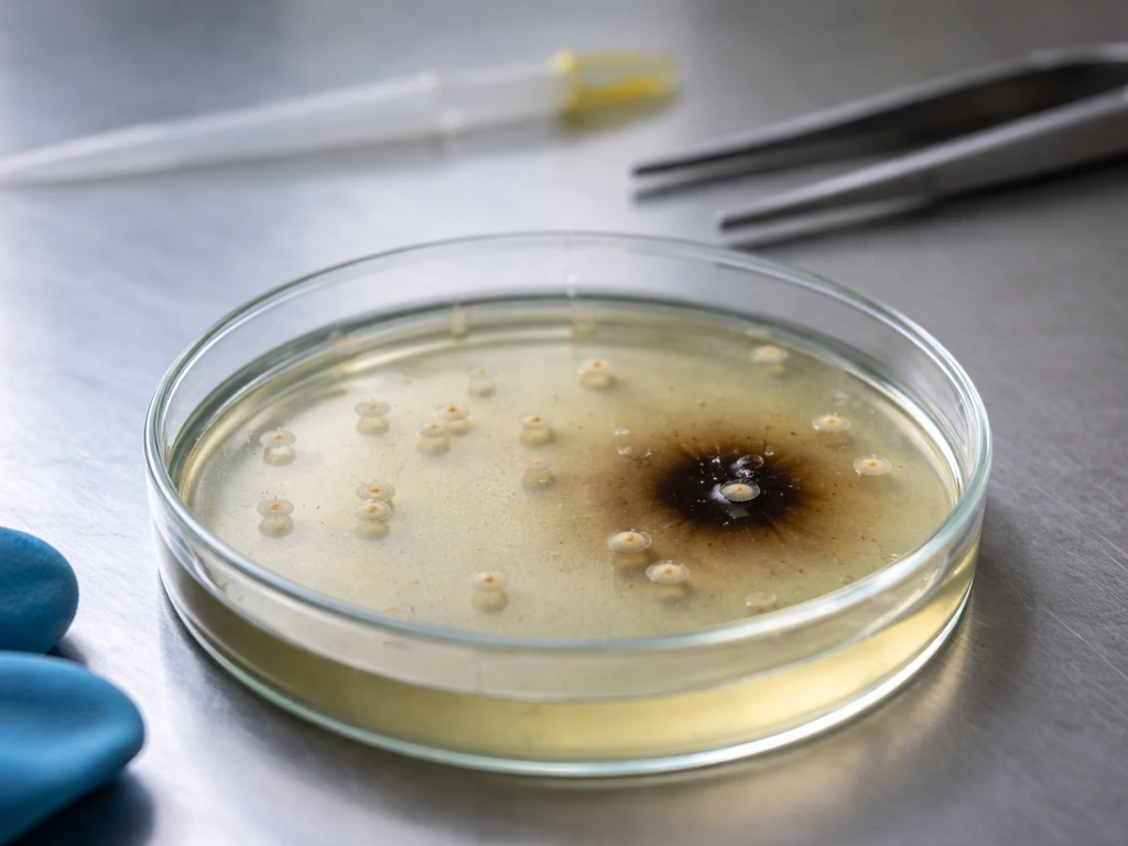 Close-up petri dish with bacterial colonies and darkened agar on a clean lab bench