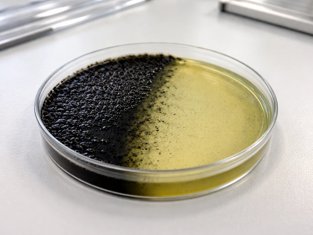 Close-up of bile esculin agar petri dish showing strong growth with jet-blackening beside lighter area