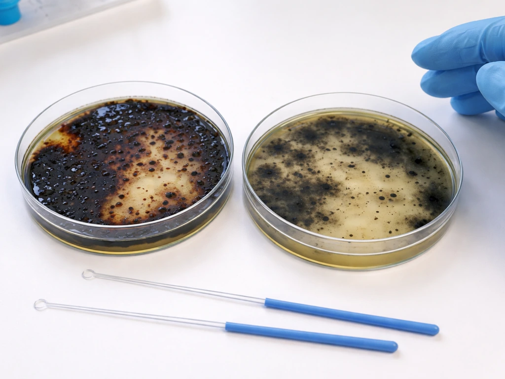 Two BEA agar plates on a lab bench showing different blackening patterns for look-alike differentiation.