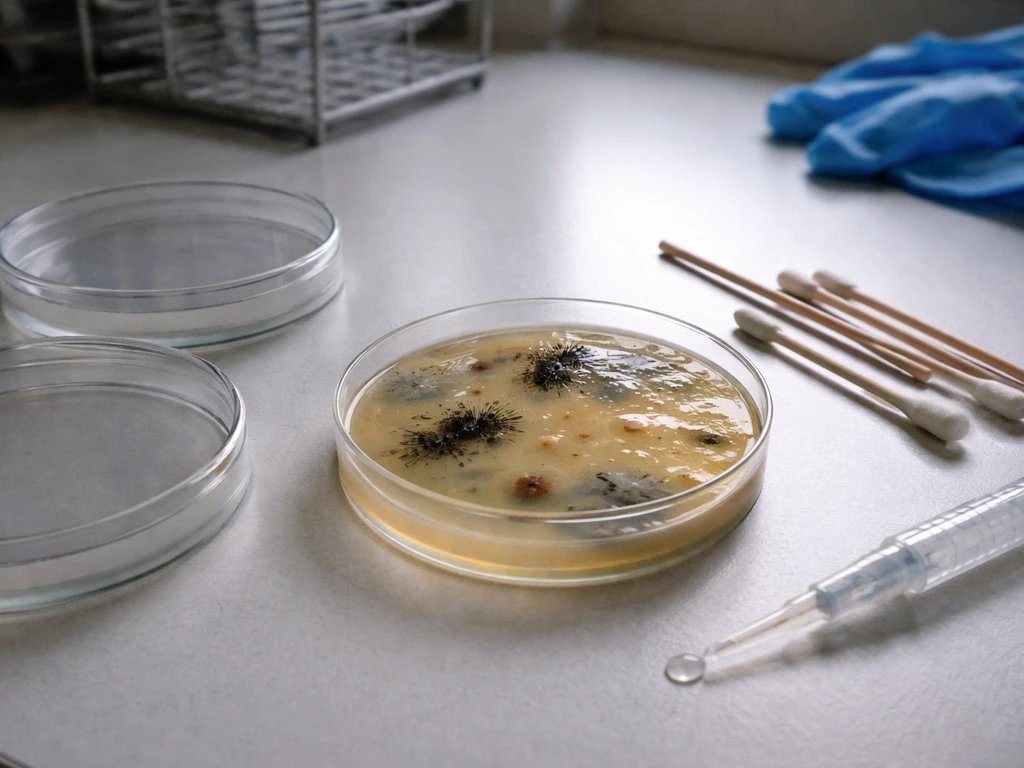 Close-up of an agar plate on a lab bench with swabs and pipette, showing unexpected growth patterns