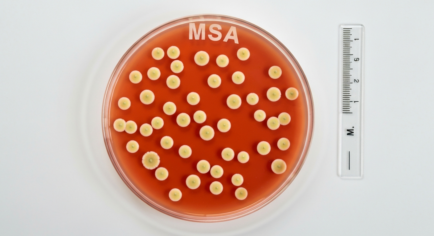 Top-down MSA plate with pale yellow Micrococcus luteus colonies on red-orange agar and no yellow halos.