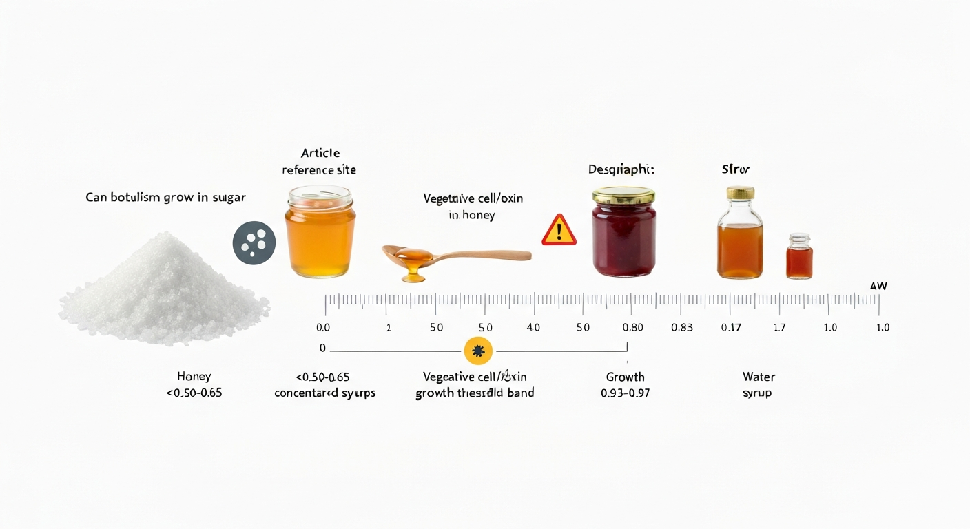 Infographic comparing sugar, honey, and jam with a water-activity scale and C. botulinum growth threshold