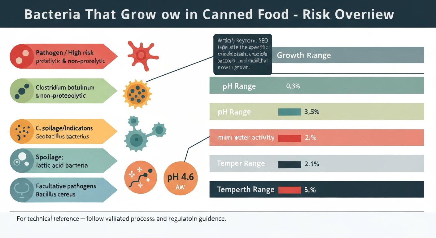 Infographic showing main bacteria of concern in canned food, risk groups, and pH/aw/temperature thresholds.