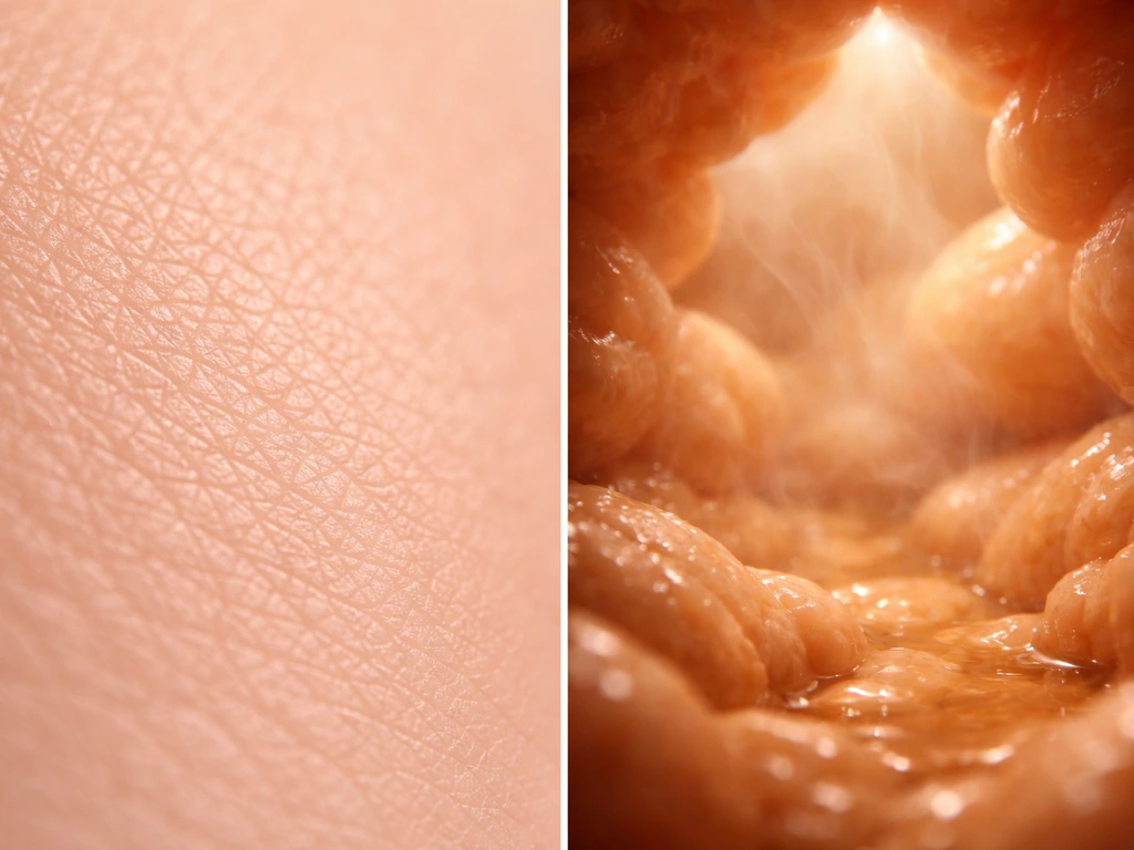 Macro view of skin texture split with a warm, moist food/gut-like environment to symbolize resident flora.