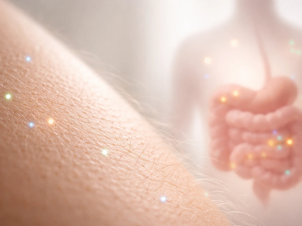 Close-up of human skin texture beside an anatomical, blurred gut-like form with subtle focus cues