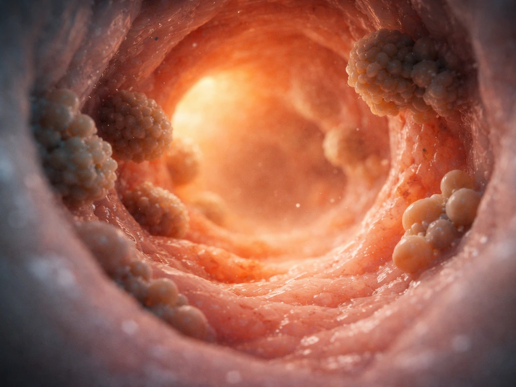 Warm, nutrient-rich low-oxygen cross-section of an abstract gut and urogenital environment with soft microbial hints