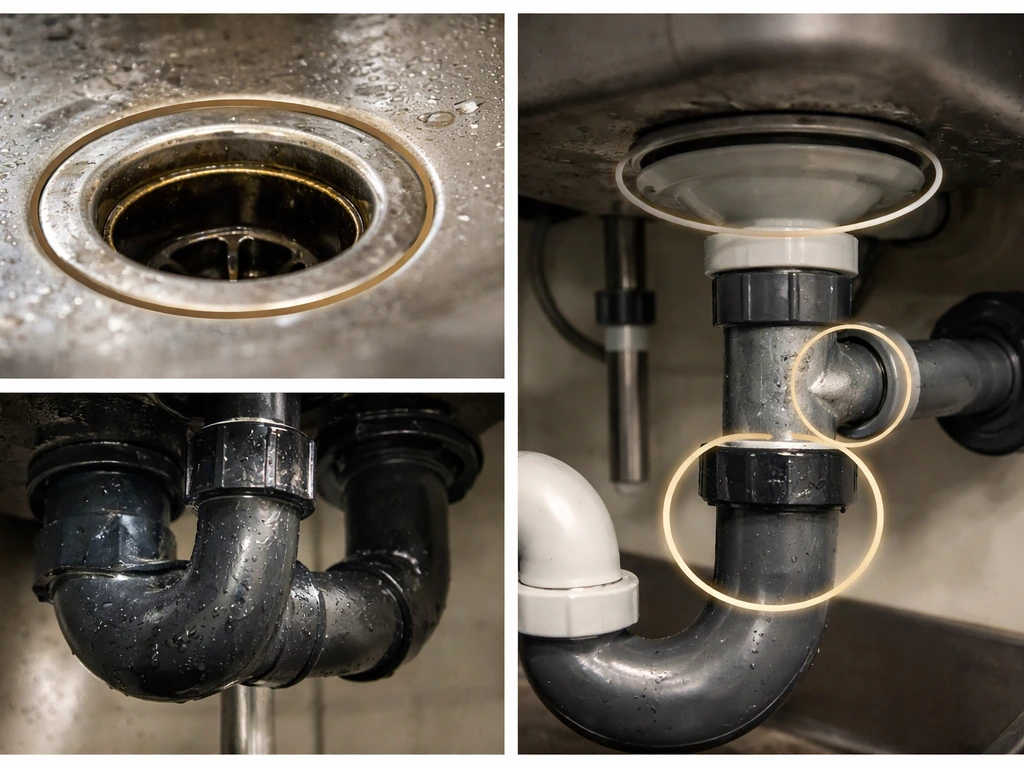 Close-up of a commercial sink drain and pipe components with small round highlights on key hotspots.