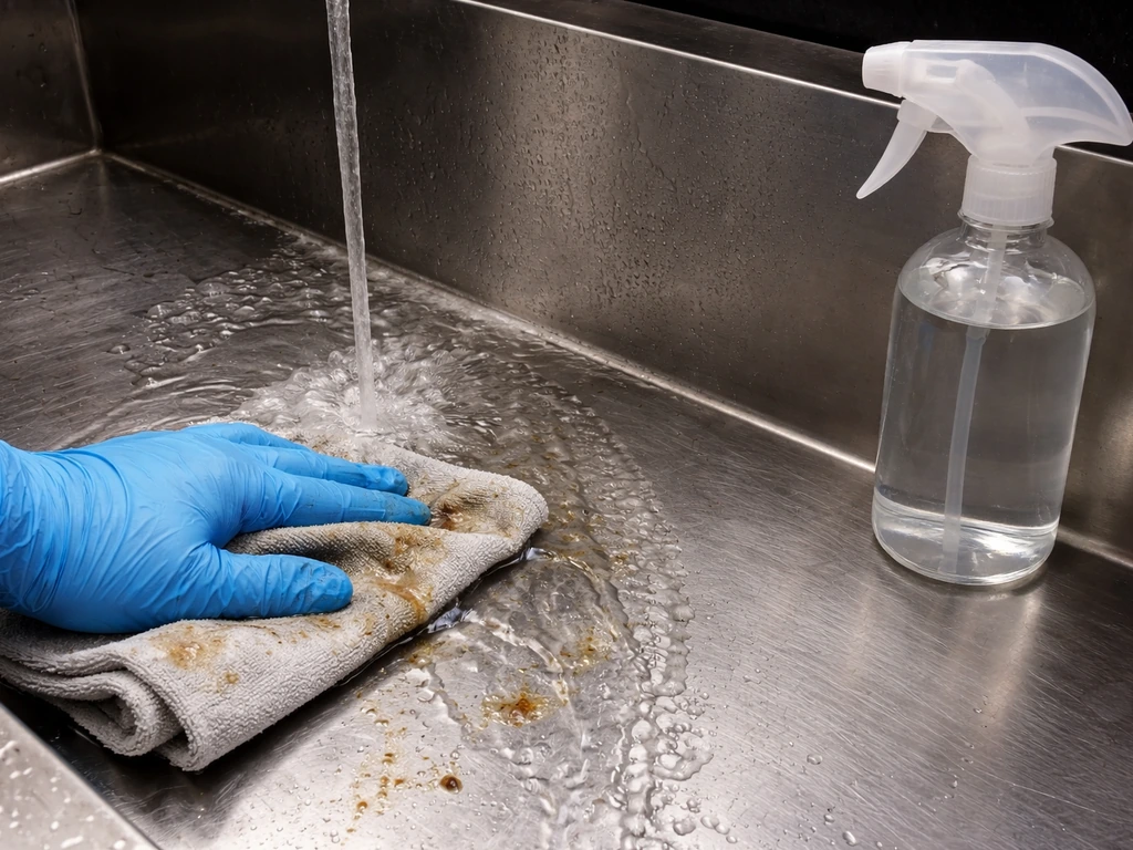 Close-up of cleaning workflow tools on a wet stainless surface with a simple rinse then sanitize sequence.
