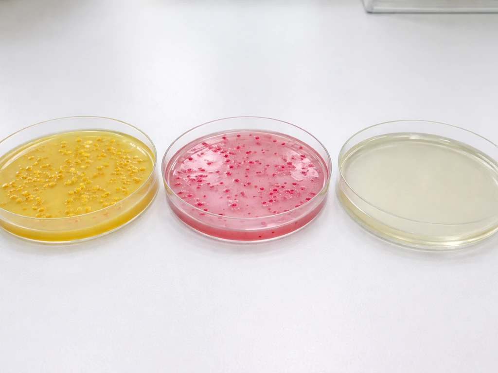 Three agar plates on a lab bench showing yellow-zone growth, red colonies without zone, and no growth.