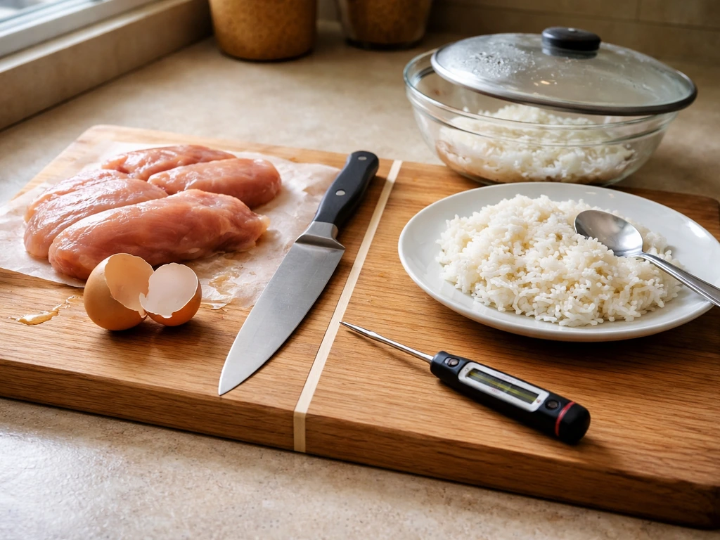 Kitchen scene showing raw meat and eggs alongside cooked leftovers with a thermometer for danger-zone risk
