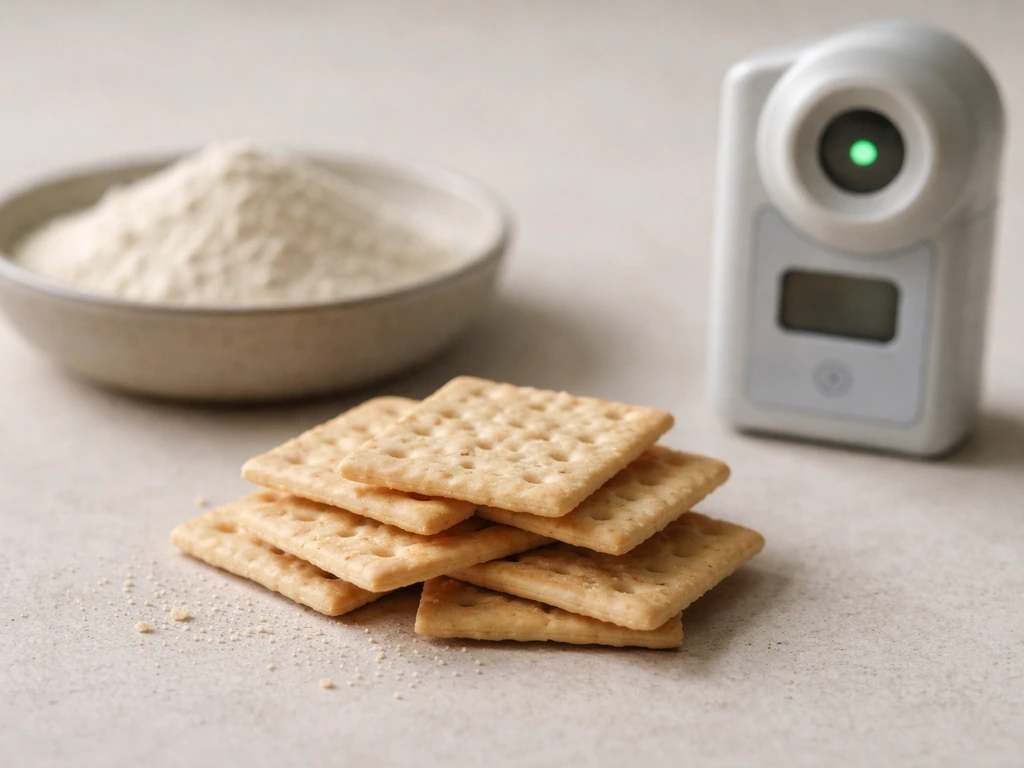 Close-up of dry crackers beside a water-activity concept meter, showing no available water for bacteria.