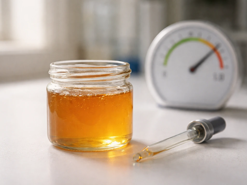 Golden honey in a jar next to a blurred 0–1 gauge, illustrating high water activity.