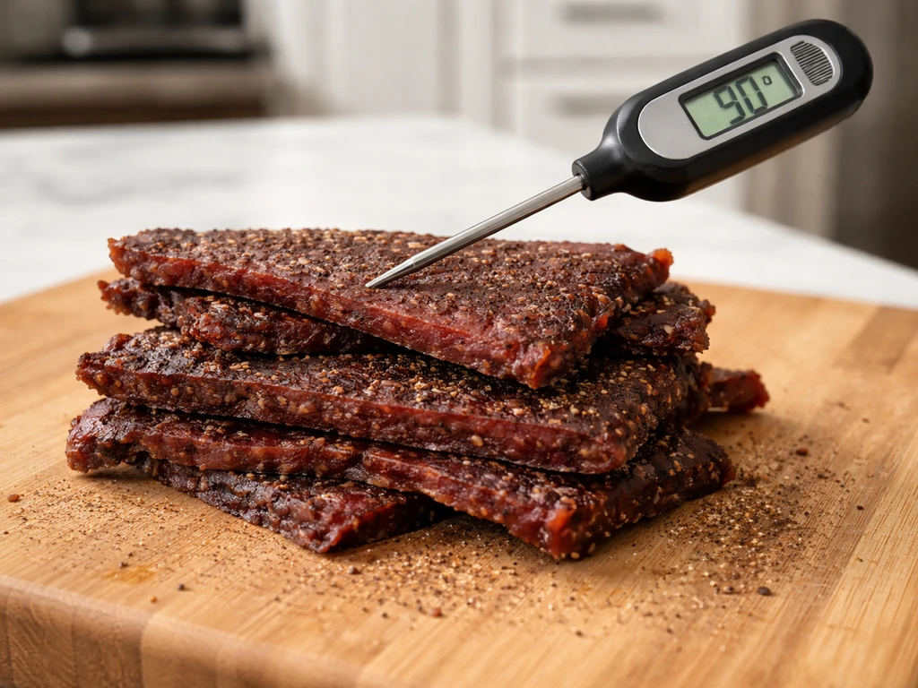 Sliced beef jerky on a wooden board with a thermometer probe inserted.