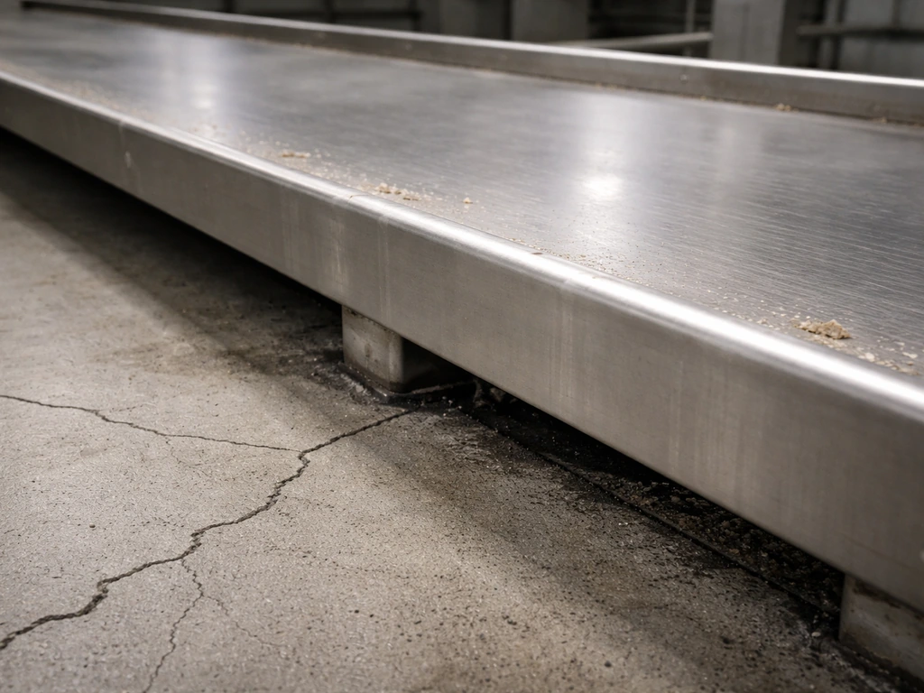 Close-up of a dry conveyor belt and cracked concrete floor with visible equipment seams in a food plant.