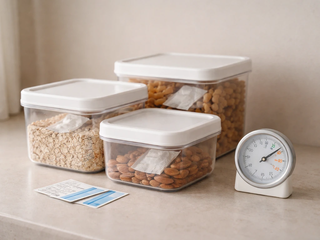 Dry food storage setup with sealed containers, desiccant packs, and a hygrometer to monitor humidity.