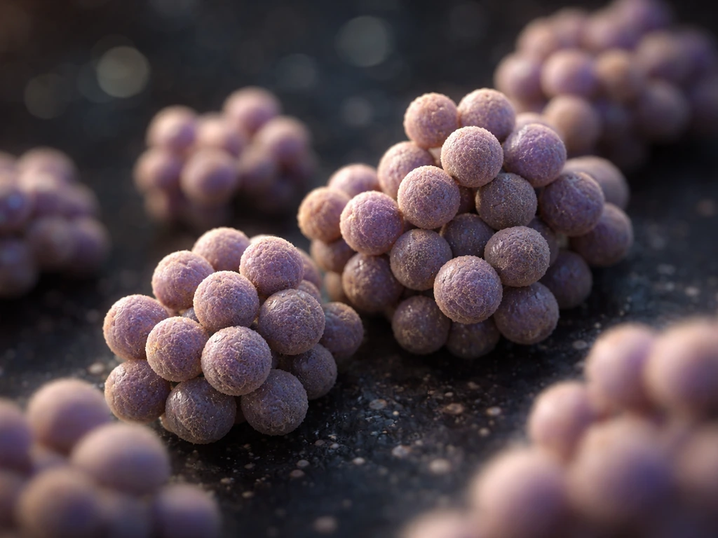 Microscopy-style view of round cocci bacteria forming grape-like clusters against a dark background.
