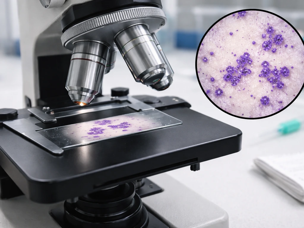 Microscope over a Gram-stained slide showing Gram-positive cocci in clusters under brightfield light.