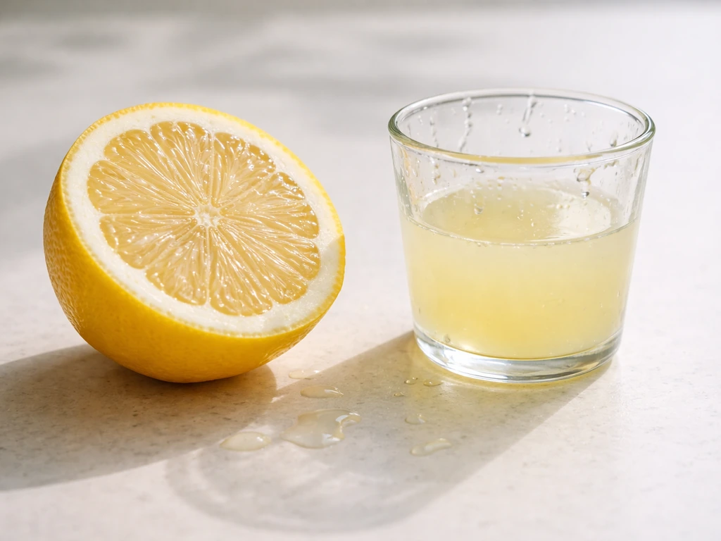 Cut lemon with freshly squeezed juice in a clear glass, showing the acidic low-pH nature.