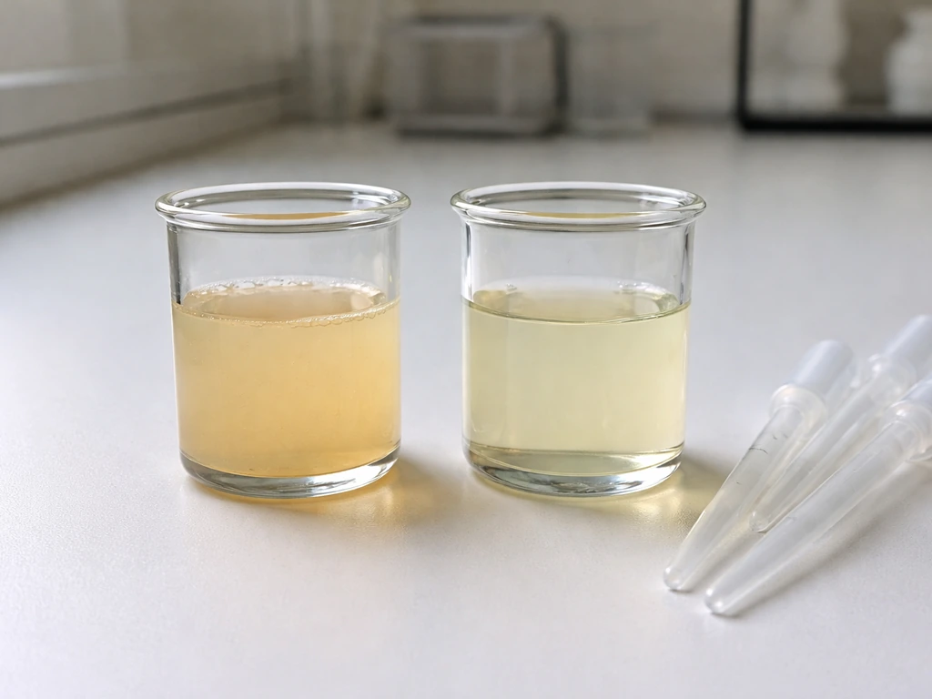 Two small glass containers of lemon-juice-like solution on a bench, showing cloudy vs clearer contrast.