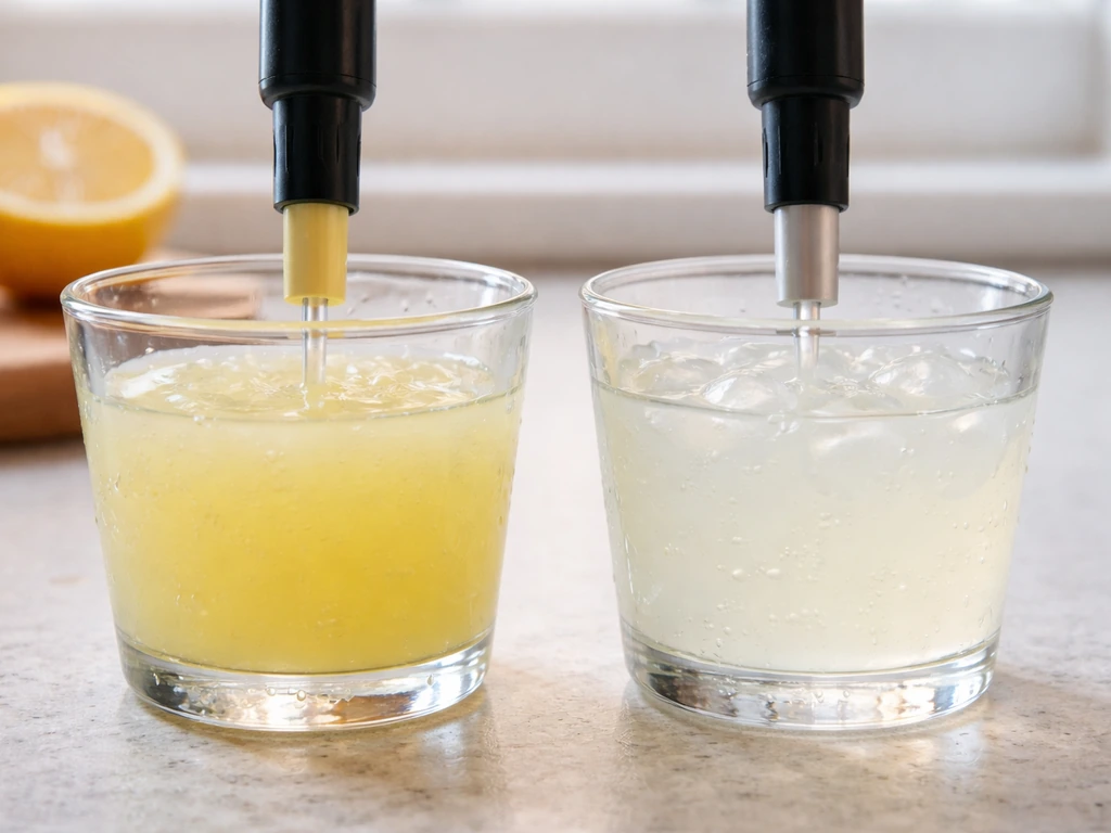 Two glasses side by side: lemon juice vs homemade lemonade, with a pH probe above the liquids.