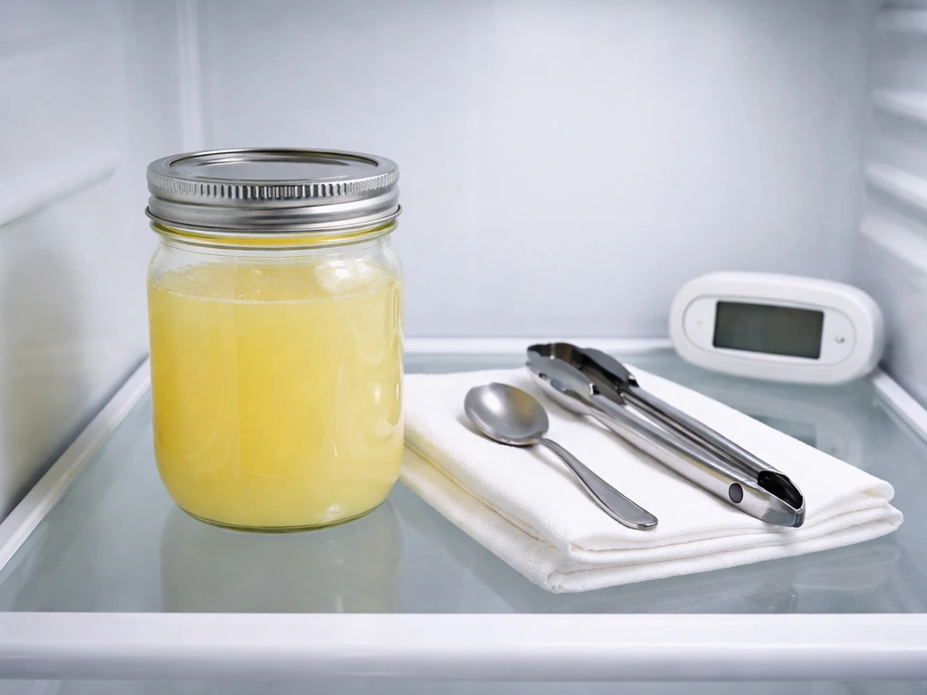 Fresh lemon juice in a sealed glass container in the refrigerator with clean utensils and a thermometer
