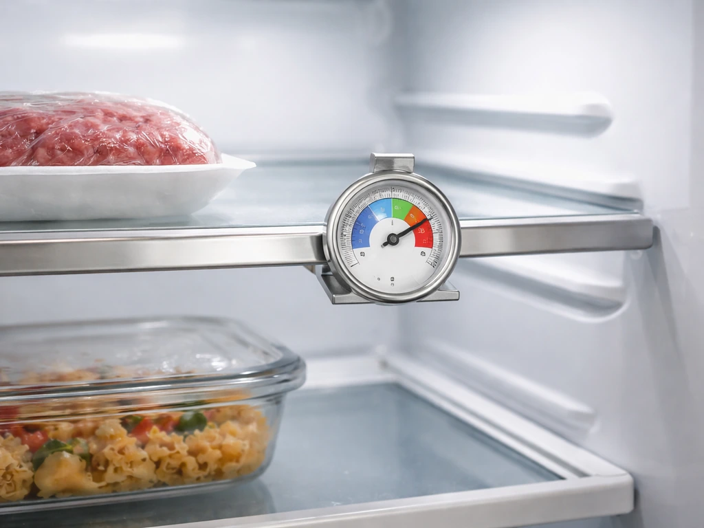 Inside a refrigerator with a thermometer showing a safe temperature range.