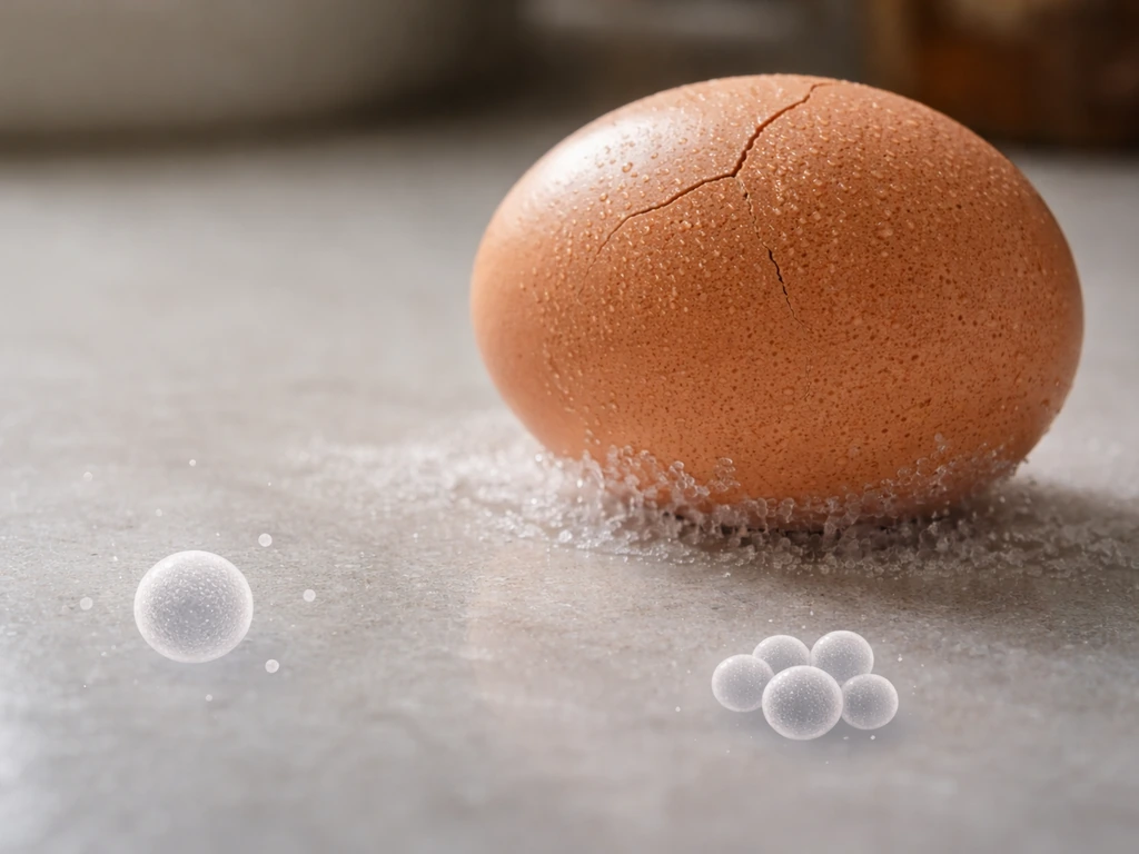 Close-up of frost-covered egg on a kitchen counter with tiny abstract microbes to suggest survival vs cold growth at 4°C