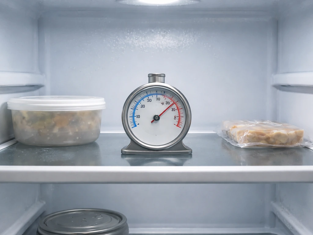 Refrigerator interior with a standalone thermometer on the center shelf reading above the target range.