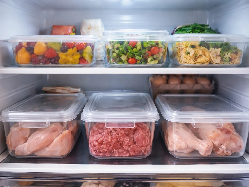 Refrigerator shelf with sealed leakproof containers of raw meat below and separated ready-to-eat foods above.