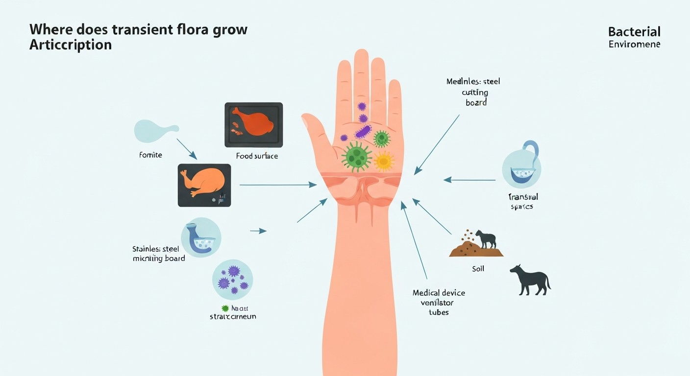 Infographic showing where transient flora grow: microbes on skin, fomites, food surfaces, medical devices, and soil with arrows indicating transfer and labels for environmental parameters.