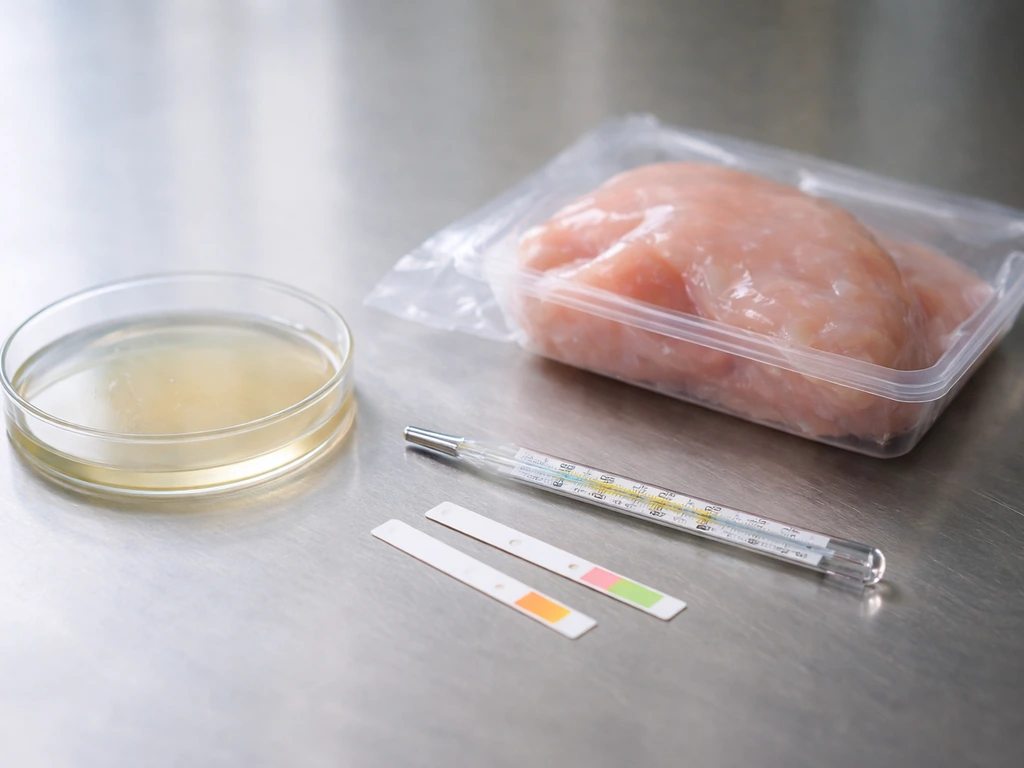 Close-up of a lab bench with raw food sample, thermometer, and pH strips to illustrate Salmonella growth conditions.