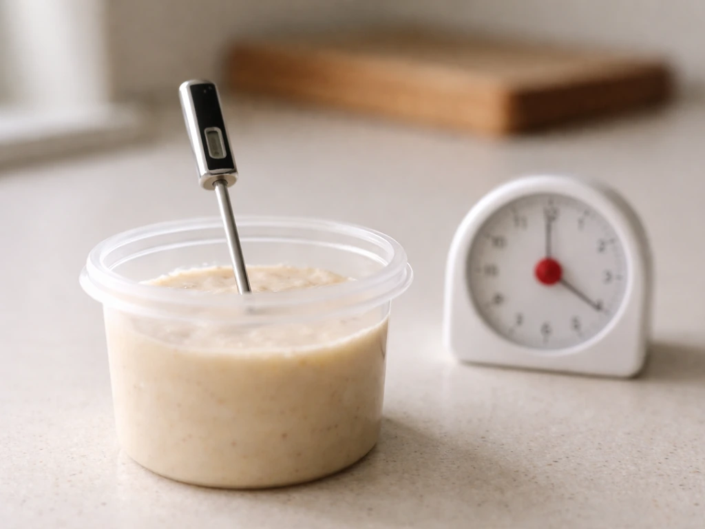 Probe thermometer in food-like mixture with a small timer beside it on a clean countertop.