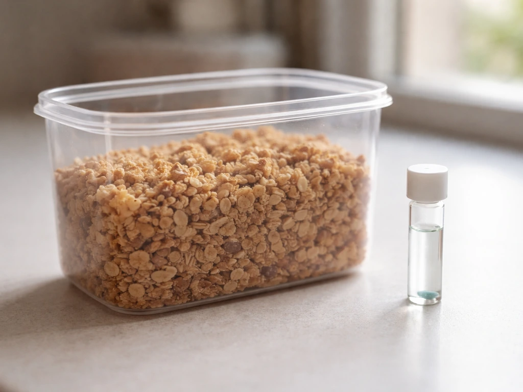 Dry granola in a clear container beside a small water-activity test vial on a kitchen counter.