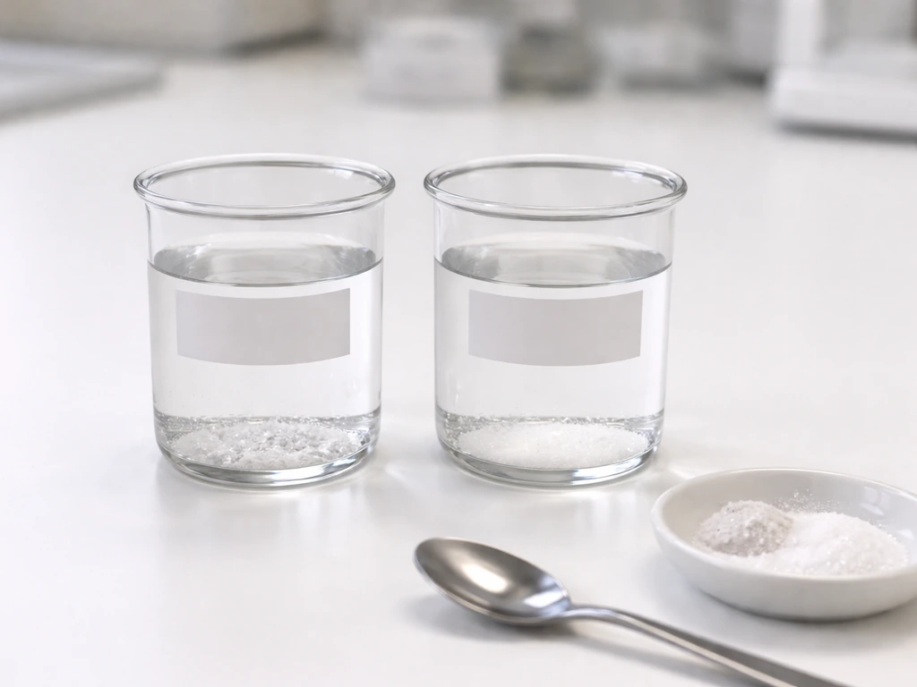 Side-by-side labeled sample containers with salt and sugar solutions in a minimal food-safety lab setting.