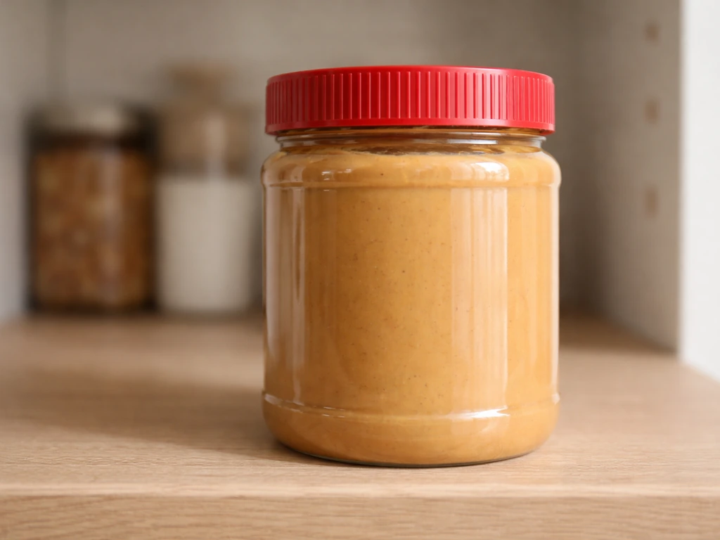 A commercial peanut butter jar on a clean pantry shelf in natural light, suggesting proper safe storage.