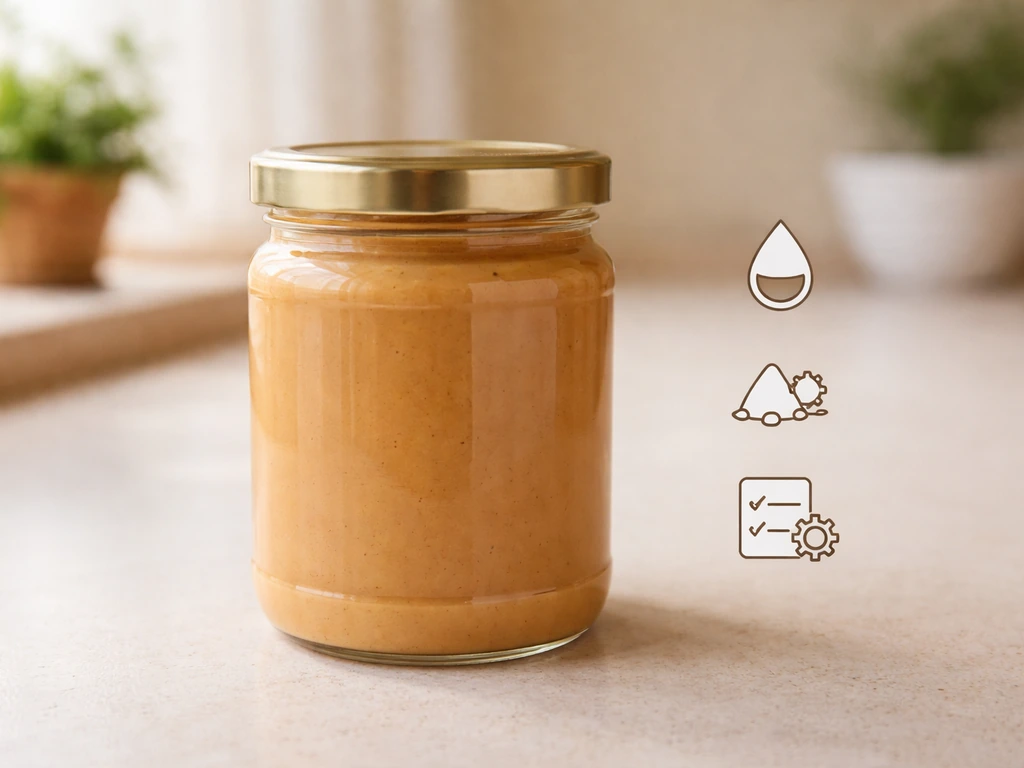 A glass jar of peanut butter on a countertop with minimal icon-like symbols for low water, salt&sugar, and controls.