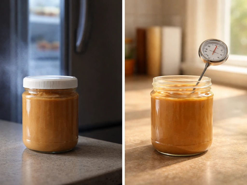 Two peanut-butter jars in cool vs warm storage with a thermometer beside the warmer one.