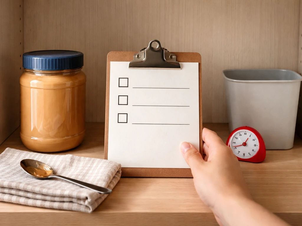 Minimal kitchen pantry scene with sealed peanut butter jar and safety checklist items on a clipboard