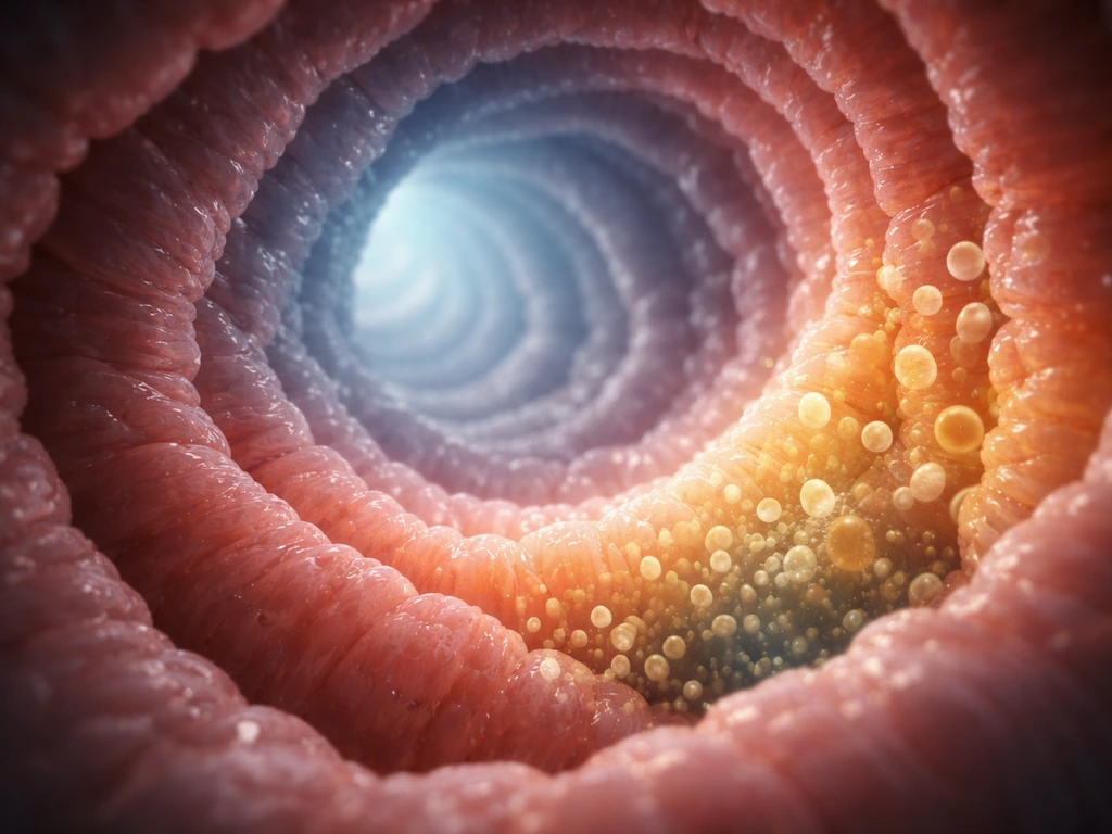 Minimal gut cross-section with faint microbe silhouettes and subtle oxygen/pH gradients, conveying bacteria growth condi