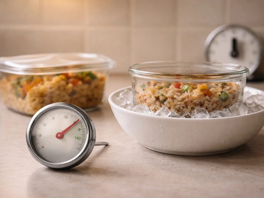 Close-up kitchen thermometer with two unlabeled food containers showing room temperature vs quick refrigeration.