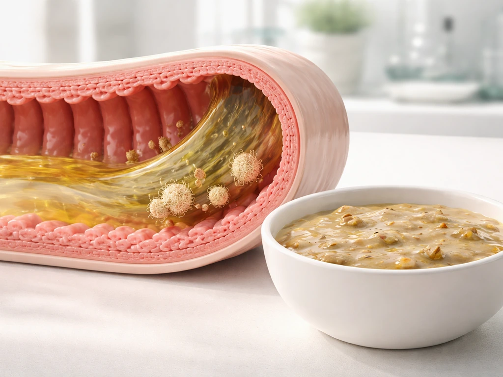 Minimal cross-section showing bile flow and fiber near intestine, alongside a chyme-like food mixture with fat droplets.